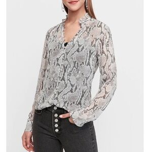 Express Portofino Slim Fit Sheer Snakeskin Print Ruffle Shirt Gray Black Small